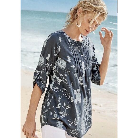 Soft Surroundings Blue Floral Tunic Top Roll Tab Sleeve Size L - Picture 4 of 11